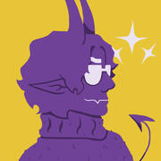 Lineless illustration of a fully purple demon character with tall horns, a jumperm short curly hair and pointed ears. The character also possesses fangs, glasses and eyebrows in a bright white. The background is yellow with three, four pointed stars near t